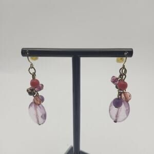 Boho Colorful Purple Beaded Drop Dangle Earrings Gold Tone Mixed Beads 2in Fun